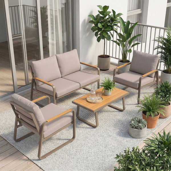 4 Piece Patio Furniture Set, Outdoor Conversation Set with Loveseat, 2 Armchairs, Coffee Table and Cushions, Garden Furniture with Metal Frame for Poolside Porch, Brown