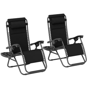 Outsunny Zero Gravity Chairs Set of 2, Reclining Folding Zero Gravity Lounge Chair, Outdoor Lounge Chairs with Cushion, Headrest, and Cup Phone Holder Tray for Patio, Beach, Black