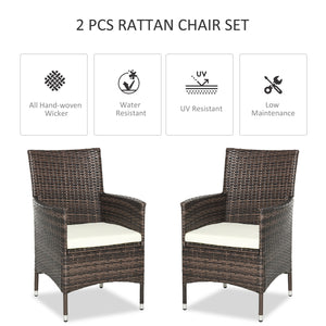 2 Pieces Outdoor PE Rattan Dining Chairs Set with Cushion, Garden Armchair with Armrests, High Backrest, Metal Frame Patio Wicker Furniture, Mixed Brown