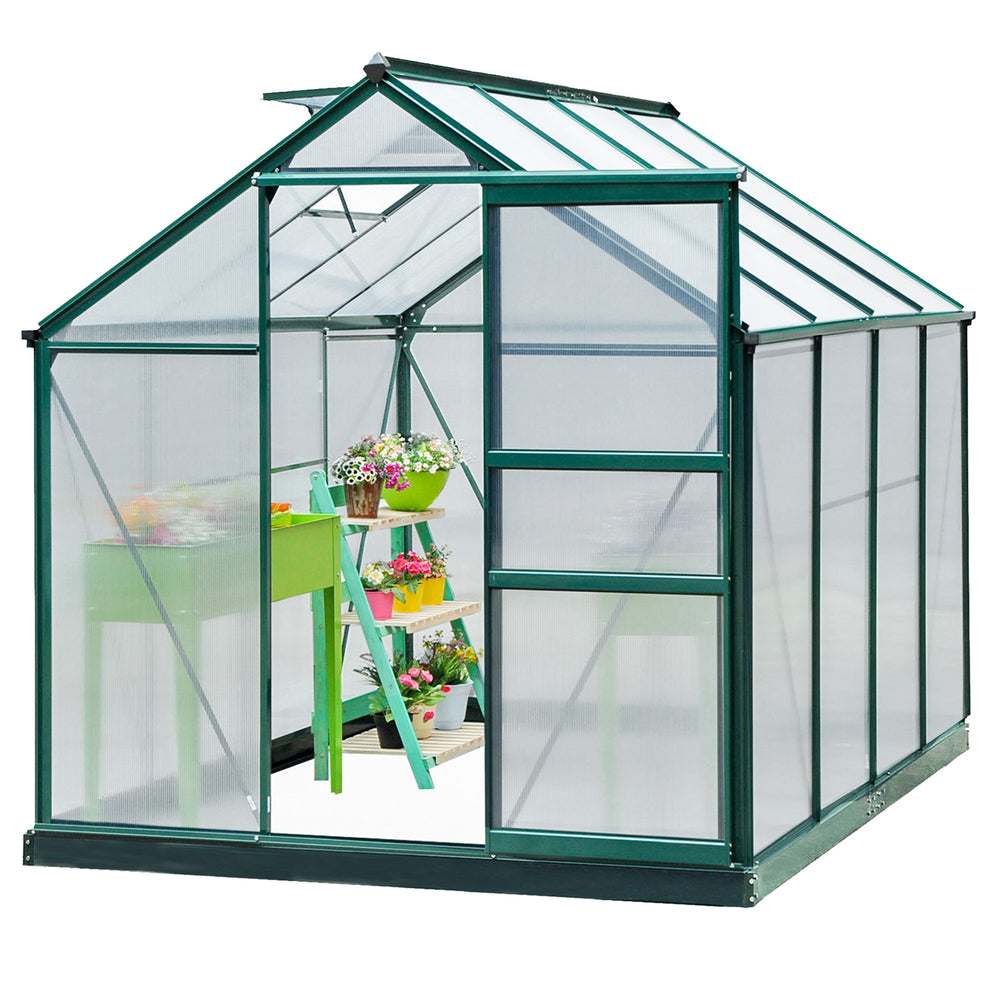 6 x 8ft Polycarbonate Greenhouse, Large Walk-In Green House with Slide Door and Window, Garden Plants Grow House with Aluminium Frame and Foundation, Dark Green