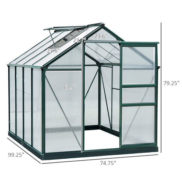 Outsunny 6' x 8' Greenhouse for Outdoors, Polycarbonate Greenhouse with Rain Gutter and Roof Vent, Aluminum Walk-in Green Houses for Outside for Patio Backyard Garden, Dark Green