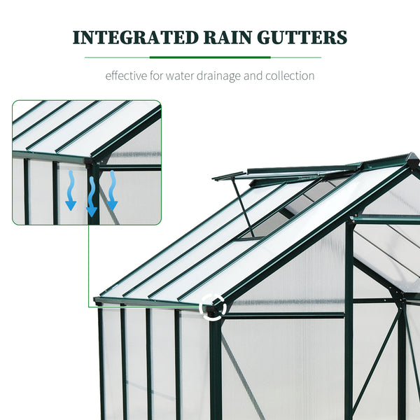 6' x 8' x 6.6' Polycarbonate Greenhouse, Walk-In Green House Kit Garden, Plants Grow, Galvanized Sheet Aluminum Frame with Rain Gutter, Vent and Sliding Door, Green