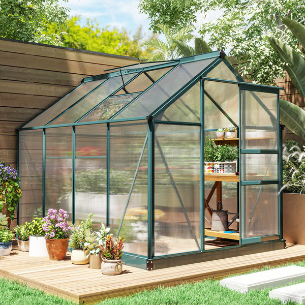 Outsunny 6' x 8' Greenhouse for Outdoors, Polycarbonate Greenhouse with Rain Gutter and Roof Vent, Aluminum Walk-in Green Houses for Outside for Patio Backyard Garden, Dark Green