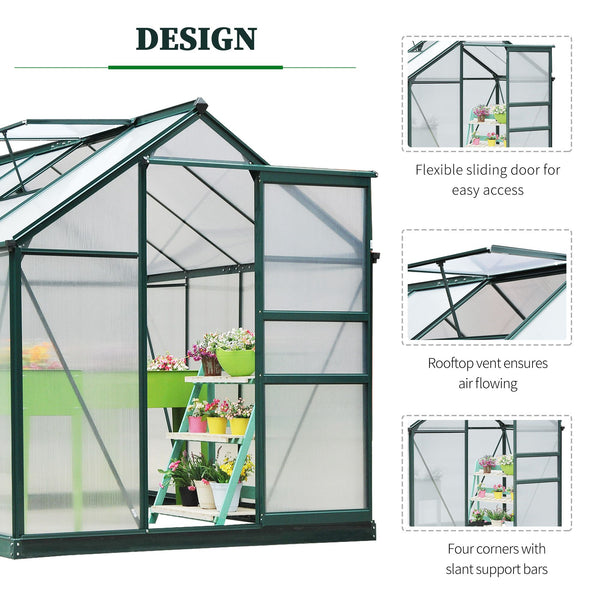 6' x 8' x 6.6' Polycarbonate Greenhouse, Walk-In Green House Kit Garden, Plants Grow, Galvanized Sheet Aluminum Frame with Rain Gutter, Vent and Sliding Door, Green