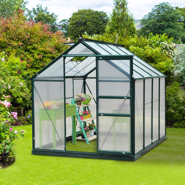 6' x 8' x 6.6' Polycarbonate Greenhouse, Walk-In Green House Kit Garden, Plants Grow, Galvanized Sheet Aluminum Frame with Rain Gutter, Vent and Sliding Door, Green