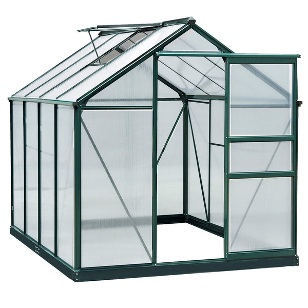 Outsunny 6' x 8' Greenhouse for Outdoors, Polycarbonate Greenhouse with Rain Gutter and Roof Vent, Aluminum Walk-in Green Houses for Outside for Patio Backyard Garden, Dark Green