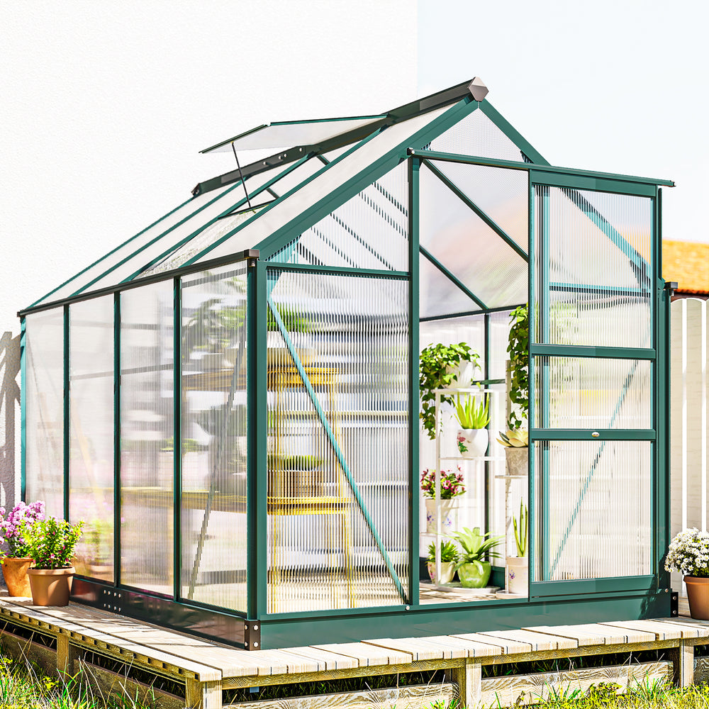 6' x 8' x 6.6' Polycarbonate Greenhouse, Walk-In Green House Kit Garden, Plants Grow, Galvanized Sheet Aluminum Frame with Rain Gutter, Vent and Sliding Door, Green