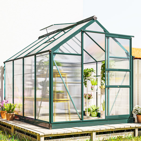 6' x 8' x 6.6' Polycarbonate Greenhouse, Walk-In Green House Kit Garden, Plants Grow, Galvanized Sheet Aluminum Frame with Rain Gutter, Vent and Sliding Door, Green