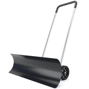 Snow Shovel with Wheels, 37-Inch Extra Wide Heavy Duty Aluminum Snow Pusher with Ergonomic Adjustable Handle, Angled Blade, Non-Slip Grip for Driveway, Sidewalks, Black