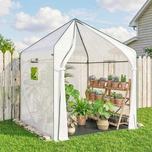 63" x 63" x 78.7" Mini Greenhouse for Outdoors with Roll-up Door and 3 Mesh Windows, Large Plant House with PE Cover and Reinforced Steel Frame, White