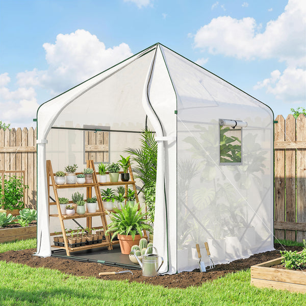 63" x 63" x 78.7" Mini Greenhouse for Outdoors with Roll-up Door and 3 Mesh Windows, Large Plant House with PE Cover and Reinforced Steel Frame, White