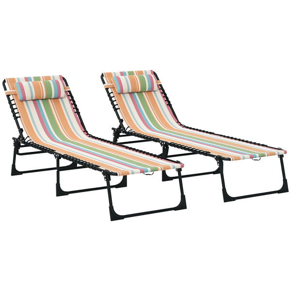 Folding Chaise Lounge Chair Set of 2, Patio Sun Tanning Chair, Outdoor Chaise Lounger with 4-Position Reclining Back, Breathable Mesh Seat for Beach, Poolside, Rainbow Striped