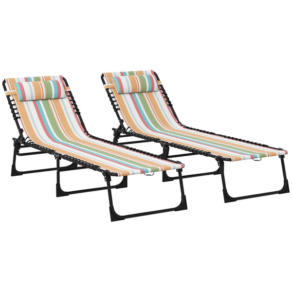 Folding Chaise Lounge Chair Set of 2, Patio Sun Tanning Chair, Outdoor Chaise Lounger with 4-Position Reclining Back, Breathable Mesh Seat for Beach, Poolside, Rainbow Striped