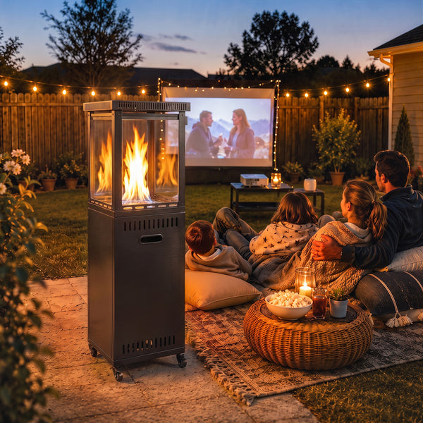 Gas Patio Heater, 13 kW Portable Propane Outdoor Heater with Stepless Heat Control, Piezo Ignition, Tip-over Protection, 4 Wheels, Lava Rocks, Black