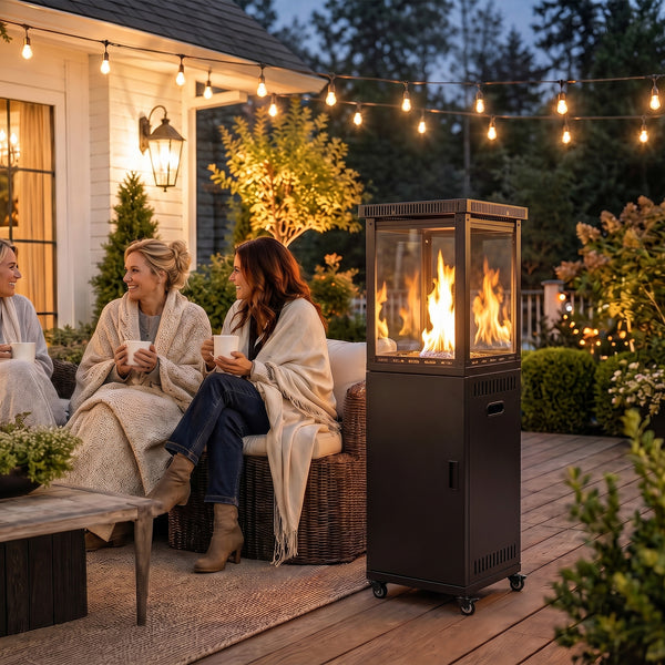 Gas Patio Heater, 13 kW Portable Propane Outdoor Heater with Stepless Heat Control, Piezo Ignition, Tip-over Protection, 4 Wheels, Lava Rocks, Black