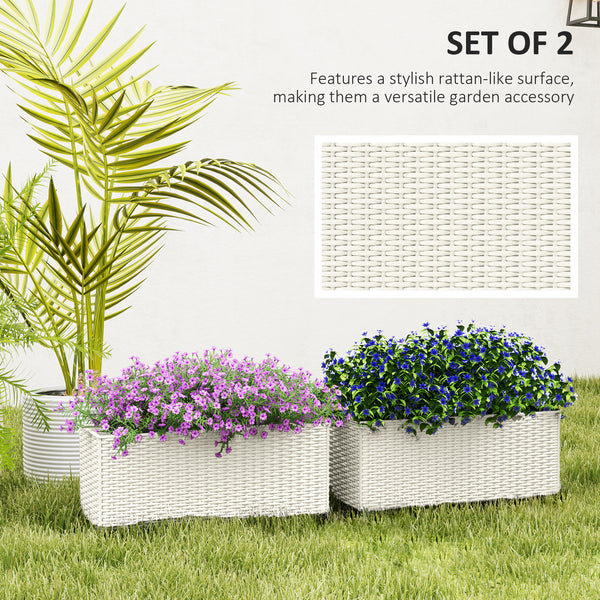 2 Pack Railing Planter Box, 20 Inch Hanging Flower Pots with Hooks and Drainage Hole, Rectangular Planters for Fence, Balcony, Garden, Patio, Rattan Look, White