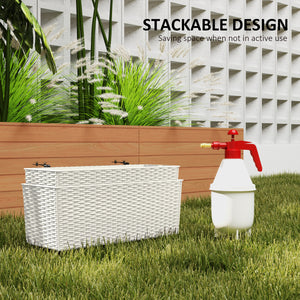 2 Pack Railing Planter Box, 20 Inch Hanging Flower Pots with Hooks and Drainage Hole, Rectangular Planters for Fence, Balcony, Garden, Patio, Rattan Look, White