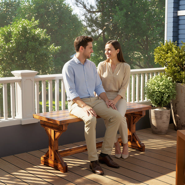 Outdoor Wooden Bench, 2-Person Rustic Patio Garden Bench Seat, Backless Outdoor Loveseat with Farmhouse X-Shaped Base for Porch, Park, Lawn, Yard, Carbonized