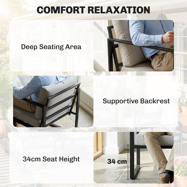 Outdoor Garden Furniture Set, 4 Piece Patio Furniture with Slatted Table, Loveseat and Armchairs, Indoor Outdoor Balcony Patio Conservatory Set with Metal Frame and Cushions, Grey