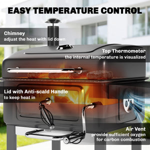 Charcoal BBQ Grill with Adjustable Charcoal Pan, Large Barbecue Grill Smoker with Warming Rack, Side Tables, Chimney, Vents, Wheels and Temperature Gauge, Portable for Outdoor Cooking, Black
