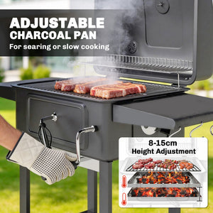 Charcoal BBQ Grill with Adjustable Charcoal Pan, Large Barbecue Grill Smoker with Warming Rack, Side Tables, Chimney, Vents, Wheels and Temperature Gauge, Portable for Outdoor Cooking, Black
