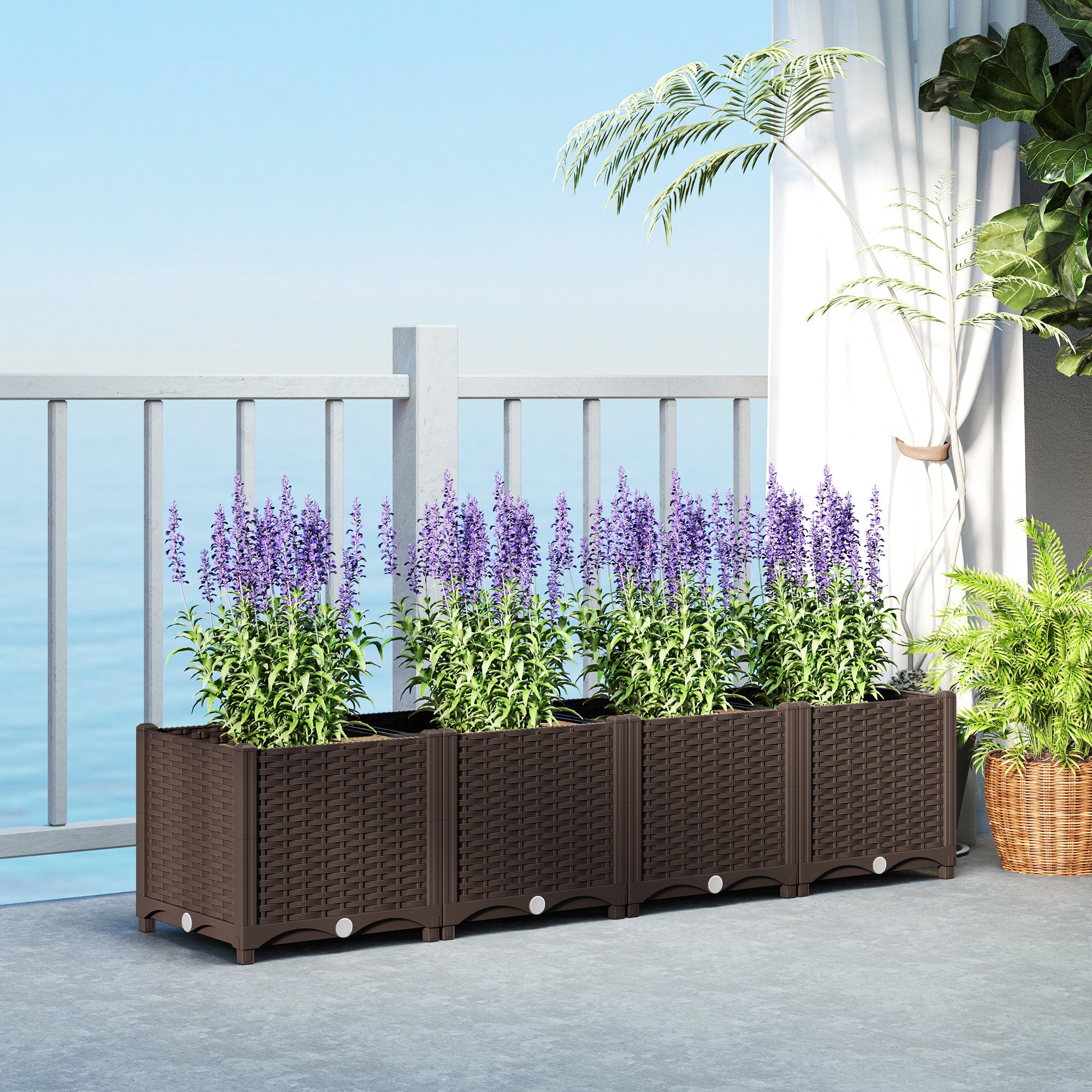 brown plastic planter box Outsunny 63" x 15.7" x 14.6" Plastic Raised Garden Bed with Drainage Holes, Brown