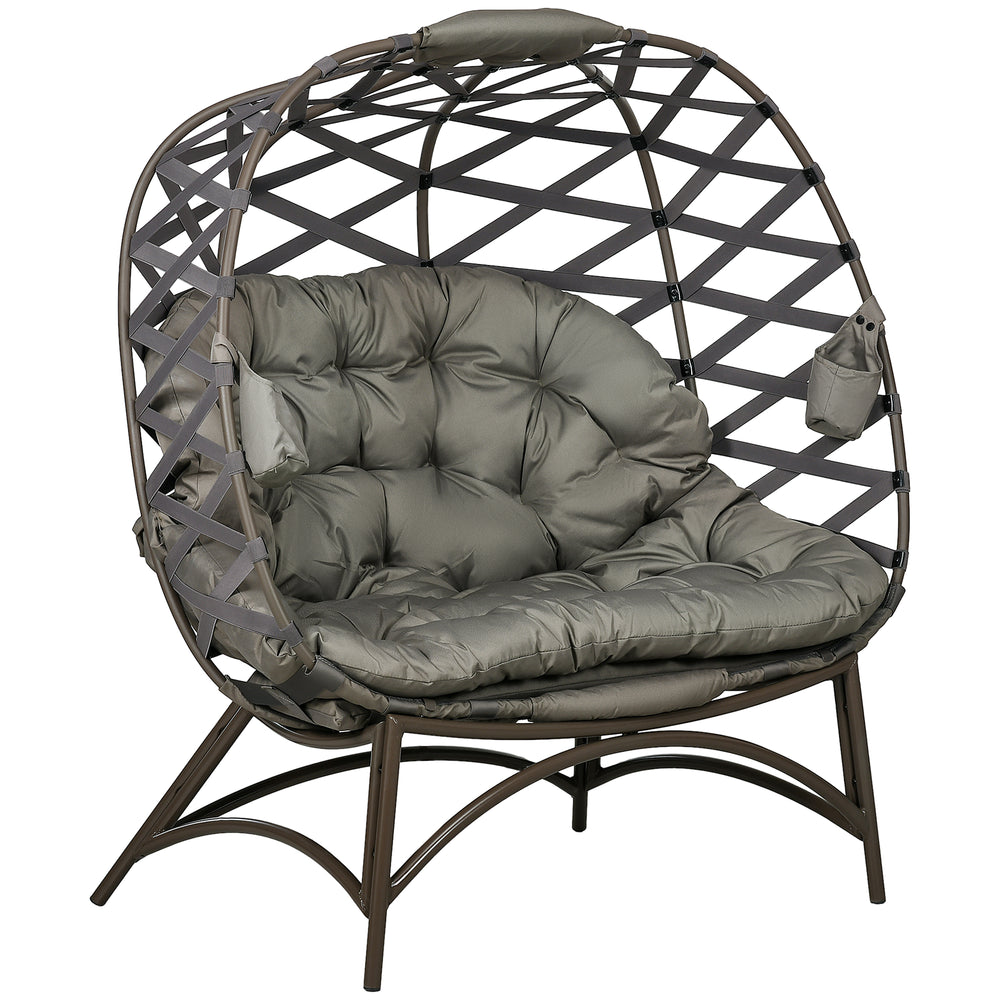 Egg Chair Outdoor, 2 Seater Folding Weave Garden Furniture Chair with Cushion, Cup Pockets for Patio Balcony - Sand Brown