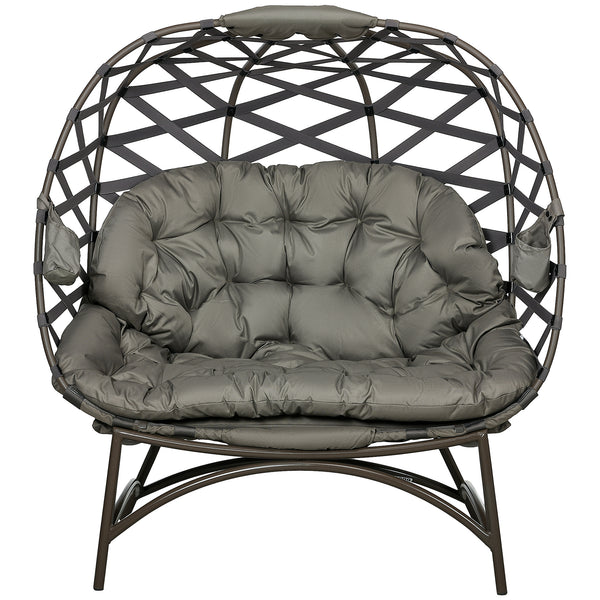Egg Chair Outdoor, 2 Seater Folding Weave Garden Furniture Chair with Cushion, Cup Pockets for Patio Balcony - Sand Brown