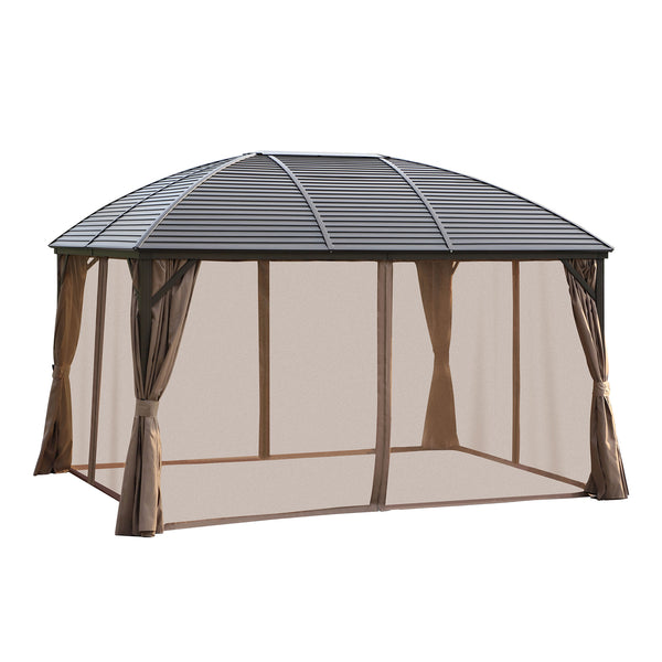 Outsunny 10' x 13' Hardtop Gazebo Canopy with Galvanized Steel Roof, Aluminum Outdoor Pavilion Gazebo with Top Hook, Netting, and Curtains for Patio, Garden, Backyard, Deck, Brown