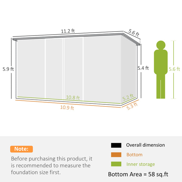 Outsunny 11' x 6' Outdoor Storage Shed, Galvanized Metal Utility Garden Tool House, Lockable Door for Backyard, Bike, Patio, Garage, Lawn, Cold Gray