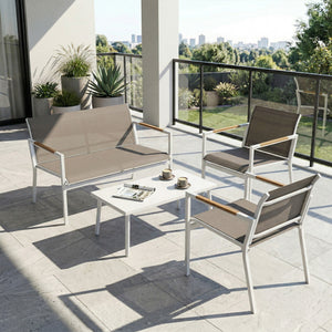 4 Seater Garden Furniture Set with Loveseat, 2 Armchairs, Metal-Top Table, Metal Garden Sofa Set with Breathable Mesh Seats, Outdoor Furniture Conversation Sets, Khaki