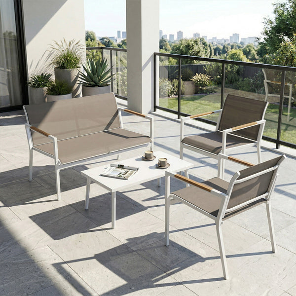 4 Seater Garden Furniture Set with Loveseat, 2 Armchairs, Metal-Top Table, Metal Garden Sofa Set with Breathable Mesh Seats, Outdoor Furniture Conversation Sets, Khaki