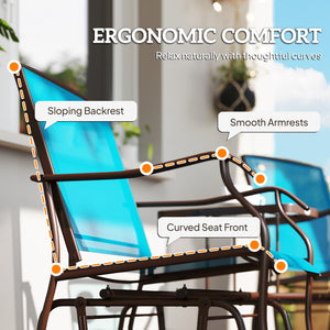 Double Patio Glider Chair with Glass Top Center Table, Outdoor Glider Loveseat with High Back,  All Weather Breathable Mesh Fabric for Garden, Backyard, Deck, Blue