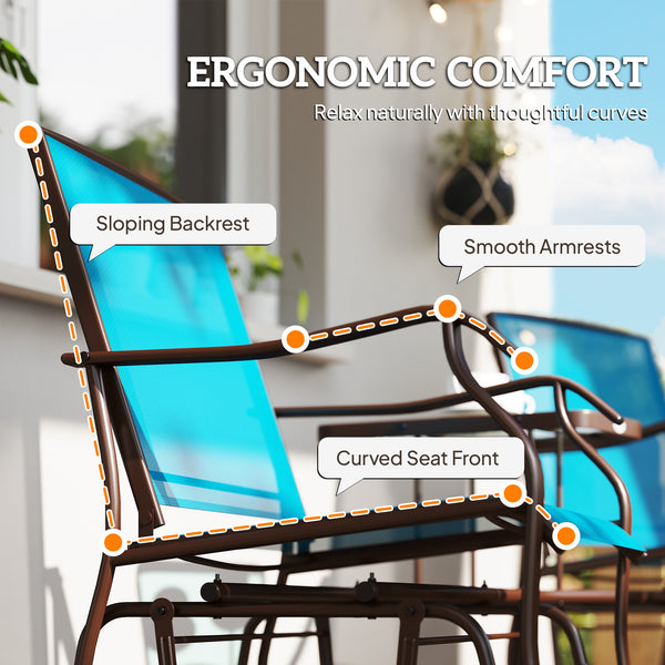 Double Patio Glider Chair with Glass Top Center Table, Outdoor Glider Loveseat with High Back,  All Weather Breathable Mesh Fabric for Garden, Backyard, Deck, Blue