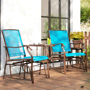 Double Patio Glider Chair with Glass Top Center Table, Outdoor Glider Loveseat with High Back,  All Weather Breathable Mesh Fabric for Garden, Backyard, Deck, Blue
