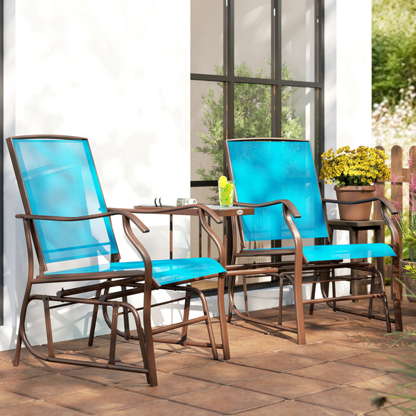 Double Patio Glider Chair with Glass Top Center Table, Outdoor Glider Loveseat with High Back,  All Weather Breathable Mesh Fabric for Garden, Backyard, Deck, Blue