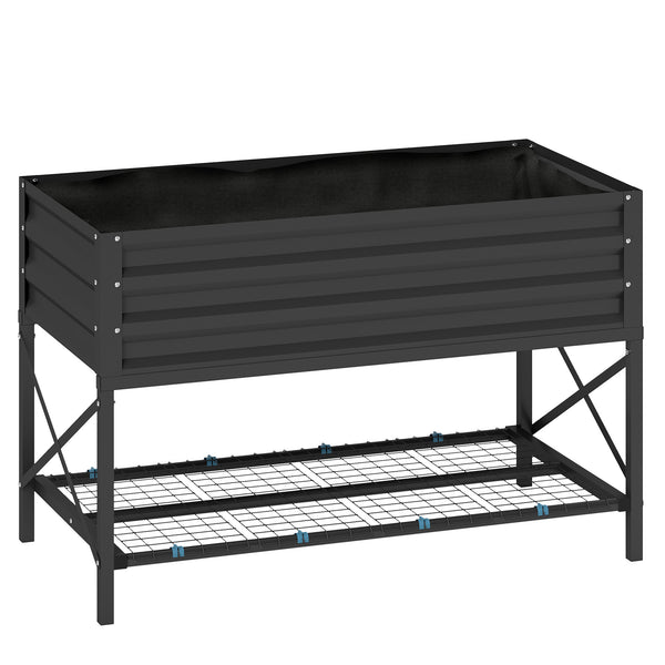 Outsunny Raised Garden Bed with Galvanized Steel Frame, Storage Shelf and Bed Liner, Elevated Planter Box with Legs for Vegetables, Flowers, Herbs, Dark Gray