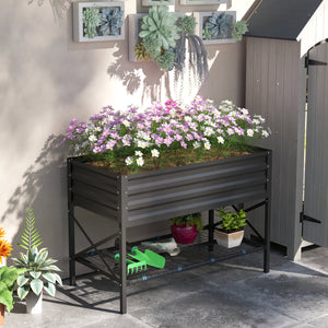 Outsunny Raised Garden Bed with Galvanized Steel Frame, Storage Shelf and Bed Liner, Elevated Planter Box with Legs for Vegetables, Flowers, Herbs, Dark Gray