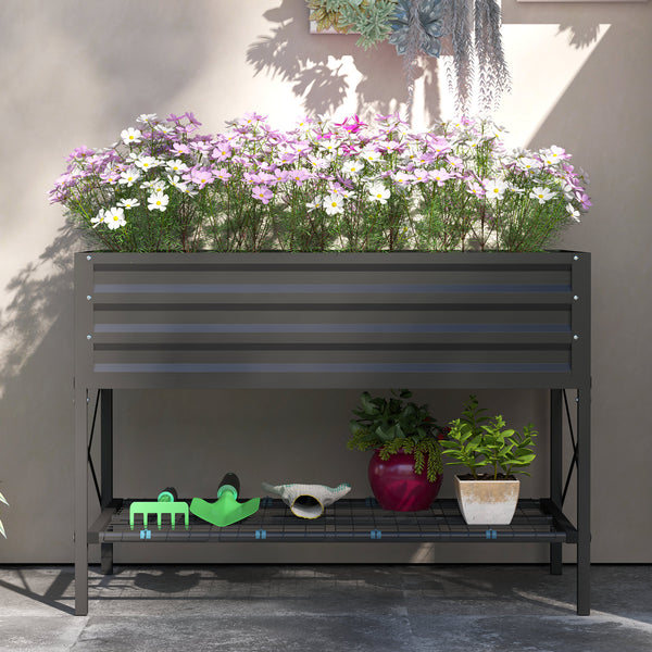 Outsunny Raised Garden Bed with Galvanized Steel Frame, Storage Shelf and Bed Liner, Elevated Planter Box with Legs for Vegetables, Flowers, Herbs, Dark Gray