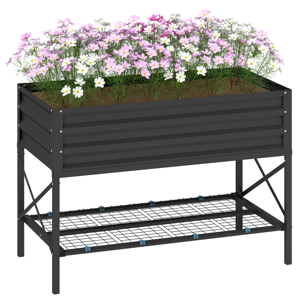 Outsunny Raised Garden Bed with Galvanized Steel Frame, Storage Shelf and Bed Liner, Elevated Planter Box with Legs for Vegetables, Flowers, Herbs, Dark Gray