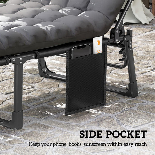 Lounge Chair Outdoor, 75 cm Wide Folding Chaise Lounge Tanning Chair, 5-Position Beach Patio Lounger Camping Cot Bed with Cushion, Side Pocket, Dark Grey