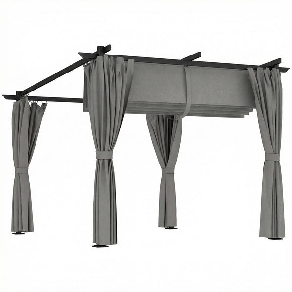 3 x 3(m) Metal Pergola with Retractable Roof and Sidewalls, Garden Gazebo UPF30+ Sun Shade Shelter for Outdoor, Patio, Deck, Light Grey