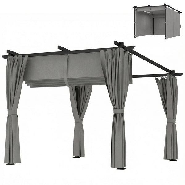 3 x 3(m) Metal Pergola with Retractable Roof and Sidewalls, Garden Gazebo UPF30+ Sun Shade Shelter for Outdoor, Patio, Deck, Light Grey