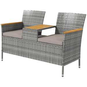 2 Seat Rattan Garden Bench, Patio Wicker Chair with Acacia Wood Top Middle Table, Outdoor PE Rattan Love Seat with Padded Cushions, Decorative Handrails, Grey