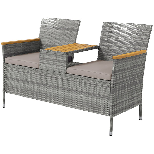 2 Seat Rattan Garden Bench, Patio Wicker Chair with Acacia Wood Top Middle Table, Outdoor PE Rattan Love Seat with Padded Cushions, Decorative Handrails, Grey