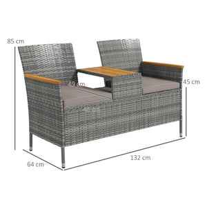 2 Seat Rattan Garden Bench, Patio Wicker Chair with Acacia Wood Top Middle Table, Outdoor PE Rattan Love Seat with Padded Cushions, Decorative Handrails, Grey