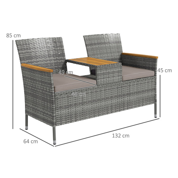 2 Seat Rattan Garden Bench, Patio Wicker Chair with Acacia Wood Top Middle Table, Outdoor PE Rattan Love Seat with Padded Cushions, Decorative Handrails, Grey