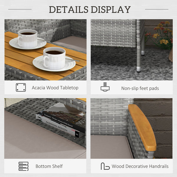 2 Seat Rattan Garden Bench, Patio Wicker Chair with Acacia Wood Top Middle Table, Outdoor PE Rattan Love Seat with Padded Cushions, Decorative Handrails, Grey