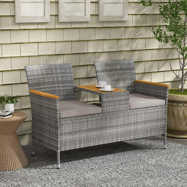 2 Seat Rattan Garden Bench, Patio Wicker Chair with Acacia Wood Top Middle Table, Outdoor PE Rattan Love Seat with Padded Cushions, Decorative Handrails, Grey