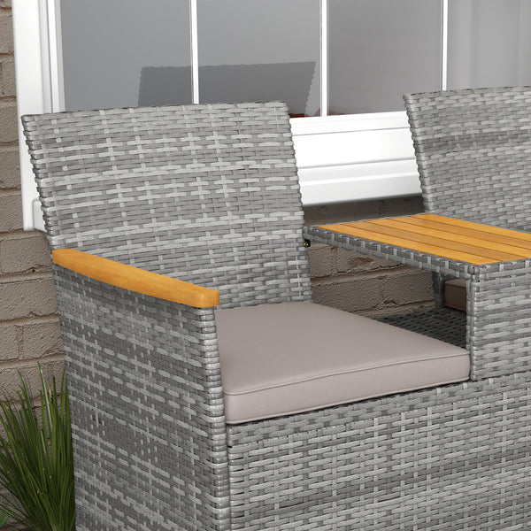 2 Seat Rattan Garden Bench, Patio Wicker Chair with Acacia Wood Top Middle Table, Outdoor PE Rattan Love Seat with Padded Cushions, Decorative Handrails, Grey